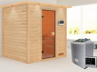 Sauna Massivholzsauna Adelina mit Dachkranz, inkl. 4,5 kW Ofen mit externer Steuerung