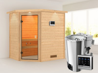 Sauna Jella mit bronzierter Glastür und Dachkranz + 3,6 kW Plug & Play Bio-Ofen ext. Strg.