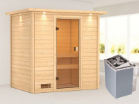 Sauna Massivholzsauna Selena mit Dachkranz, inkl. 4,5 kW Ofen mit integrierter Steuerung