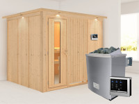 Systemsauna Gobin mit Dachkranz, Holztür mit Isolierglas, inkl. 9 kW Saunaofen ext. Steuerung