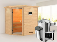 Sauna Jella mit bronzierter Glastür und Dachkranz + 3,6 kW Plug & Play Saunaofen ext. Strg.