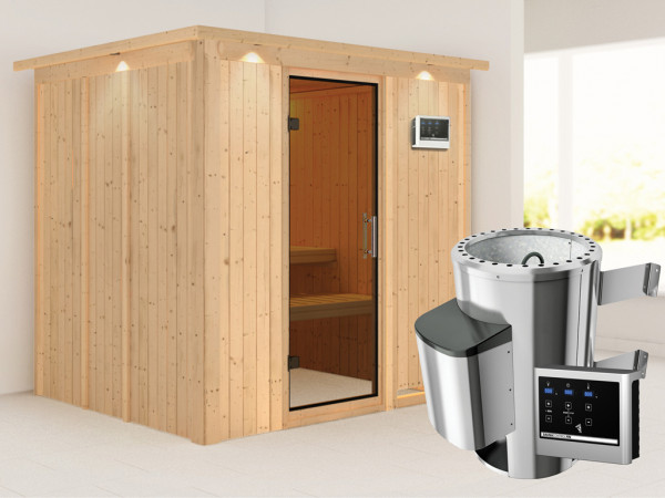Sauna Systemsauna Daria mit Dachkranz, graphit Ganzglastür + Plug & Play Saunaofen mit ext.Strg