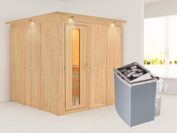 Systemsauna Rodin mit Dachkranz, Holztür mit Isolierglas, inkl. 9 kW Saunaofen integr. Steuerung
