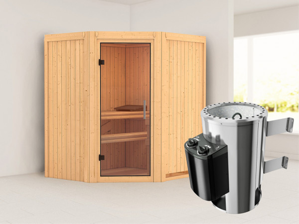 Sauna Systemsauna Tonja Klarglas Ganzglastür + Plug & Play Saunaofen mit Steuerung