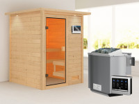 Sauna Massivholzsauna Sandra mit Dachkranz, inkl. 4,5 kW Bio-Ofen mit externer Steuerung