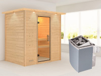 Sauna Massivholzsauna Sonja mit Dachkranz, inkl. 4,5 kW Ofen mit externer Steuerung