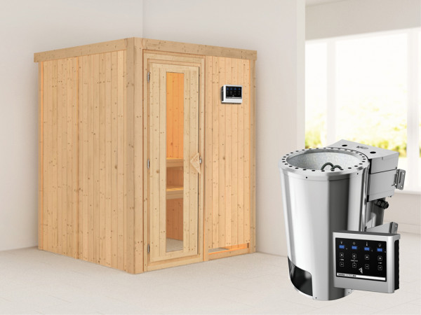 Sauna Systemsauna Minja Energiespartür + Plug &amp; Play Bio-Ofen mit externer Steuerung