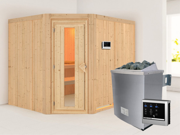 Systemsauna Malin Holztür mit Isolierglas, inkl. 9 kW Saunaofen ext. Steuerung