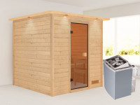 Sauna Massivholzsauna Jara mit Dachkranz, inkl. 4,5 kW Ofen mit integrierter Steuerung