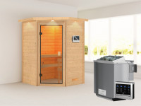 Sauna Massivholzsauna Antonia mit Dachkranz, inkl. 4,5 kW Bio-Ofen mit externer Steuerung