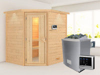 Sauna Massivholzsauna Mia mit Dachkranz, inkl. 4,5 kW Bio-Ofen mit externer Steuerung