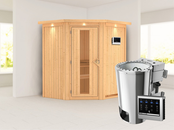 Sauna Systemsauna Tonja mit Dachkranz, Energiespartür + Plug & Play Bio-Ofen mit externer Strg
