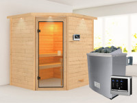 Sauna Massivholzsauna Mia mit Dachkranz, inkl. 4,5 kW Bio-Ofen mit externer Steuerung