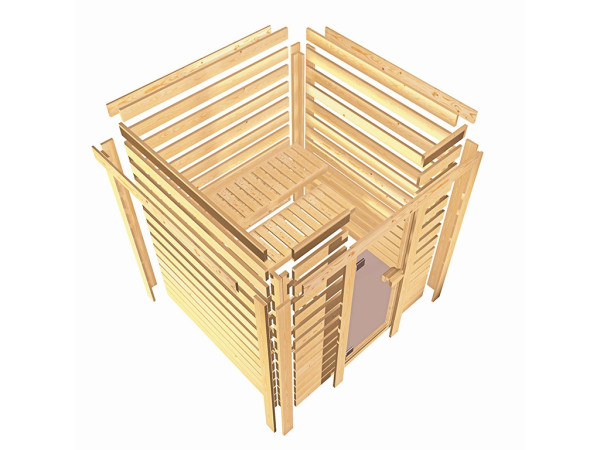 Sauna Massivholzsauna Mia mit Dachkranz, inkl. 9 kW Bio-Ofen mit externer Steuerung