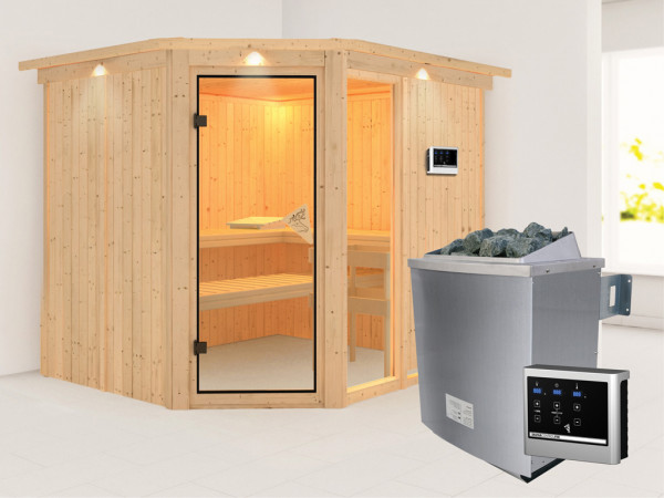 Sauna Systemsauna Fiona 3 mit Dachkranz, inkl. 9 kW Saunaofen ext. Steuerung