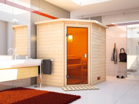 Sauna Massivholzsauna Mia mit Dachkranz, inkl. 4,5 kW Ofen mit integrierter Steuerung