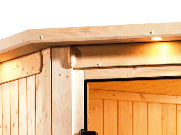 Sauna Systemsauna Norin mit Dachkranz, inkl. 9 kW Bio-Ofen mit externer Steuerung