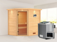 Sauna Massivholzsauna Elea mit Dachkranz, inkl. 4,5 kW Bio-Ofen mit externer Steuerung