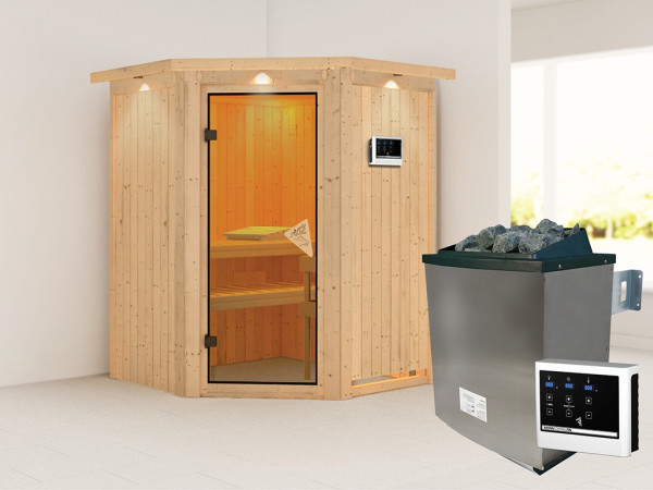 Sauna Systemsauna Larin mit Dachkranz, inkl. 9 kW Ofen mit externer Steuerung