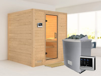 Sauna Massivholzsauna Mojave Klarglas Ganzglastür + 9 kW Saunaofen mit externe Steuerung