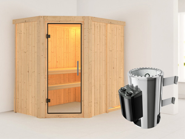 Sauna Systemsauna Saja Klarglas Ganzglastür + Plug & Play Saunaofen mit Steuerung