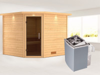 Sauna Massivholzsauna Leona mit Dachkranz, graphit Ganzglastür + 9 kW Saunaofen mit Steuerung