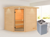 Sauna Massivholzsauna Tilda mit Dachkranz, inkl. 4,5 kW Ofen mit integrierter Steuerung