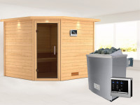 Sauna Massivholzsauna Leona mit Dachkranz, graphit Ganzglastür + 9 kW Saunaofen mit ext. Strg