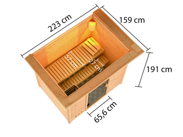 Sauna Massivholzsauna Selena mit Dachkranz, inkl. 9 kW Ofen mit integrierter Steuerung