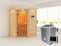 Sauna Massivholzsauna Antonia mit Dachkranz, inkl. 4,5 kW Ofen mit externer Steuerung