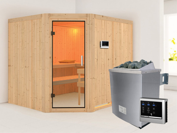 Sauna Systemsauna Malin Klarglas Ganzglastür + 9 kW Saunaofen mit externe Steuerung