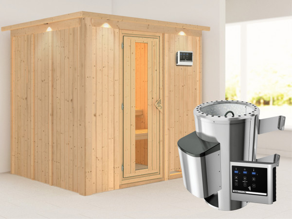 Sauna Systemsauna Daria mit Dachkranz, Energiespartür + Plug & Play Saunaofen mit ext.Strg