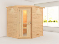Sauna Massivholzsauna Mia mit Dachkranz, Holztür mit Isolierglas