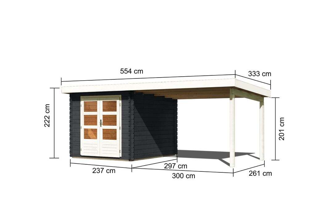 Gartenhaus Blockbohlenhaus SET Bastrup 4 28 mm anthrazit inkl. 3 m  Anbaudach | Blockbohlenhäuser | Gartenhäuser | Gartenhaus | Mein Karibu