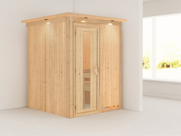 Sauna Systemsauna Minja mit Dachkranz, Energiespartür