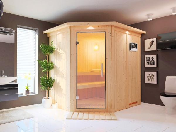 Sauna Systemsauna Siirin mit Dachkranz, inkl. 4,5 kW Ofen mit externer Steuerung