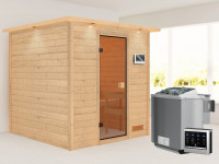 Sauna Massivholzsauna Jara mit Dachkranz, inkl. 4,5 kW Bio-Ofen mit externer Steuerung