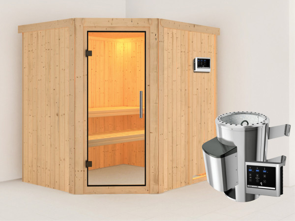 Sauna Systemsauna Lilja Klarglas Ganzglastür + Plug & Play Saunaofen mit externer Steuerung