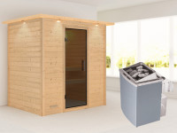Sauna Massivholzsauna Sonja mit Dachkranz, inkl. 4,5 kW Ofen mit externer Steuerung