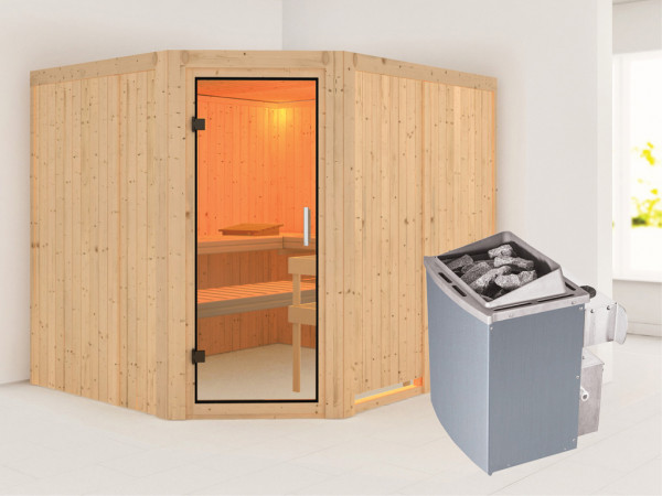 Sauna Systemsauna Malin Klarglas Ganzglastür + 9 kW Saunaofen mit Steuerung