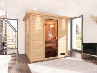 Sauna Massivholzsauna Anja mit Dachkranz, inkl. 4,5 kW Ofen mit integrierter Steuerung
