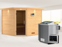 Sauna Massivholzsauna Leona mit Dachkranz, graphit Ganzglastür + 9 kW Bio-Kombiofen mit ext. Strg