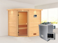 Sauna Massivholzsauna Elea mit Dachkranz, inkl. 4,5 kW Ofen mit externer Steuerung