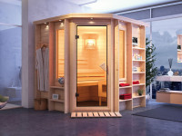 Sauna Massivholzsauna Cortona mit Dachkranz, inkl. 9 kW Bio-Kombiofen ext. Steuerung