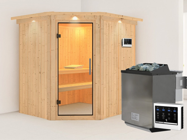 Sauna Systemsauna Siirin mit Dachkranz, inkl. 9 kW Bio-Ofen mit externer Steuerung