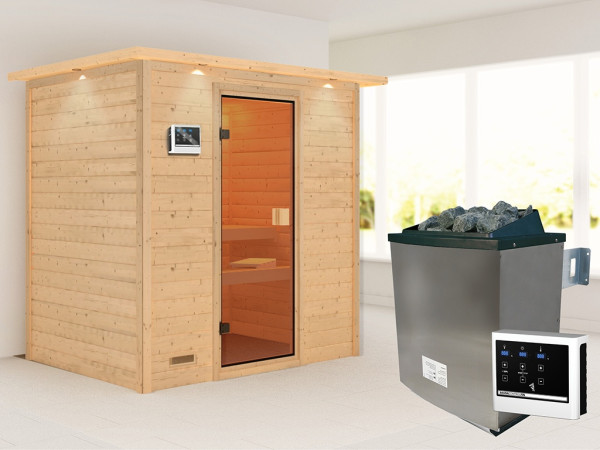 Sauna Massivholzsauna Sonja mit Dachkranz, inkl. 9 kW Ofen mit externer Steuerung