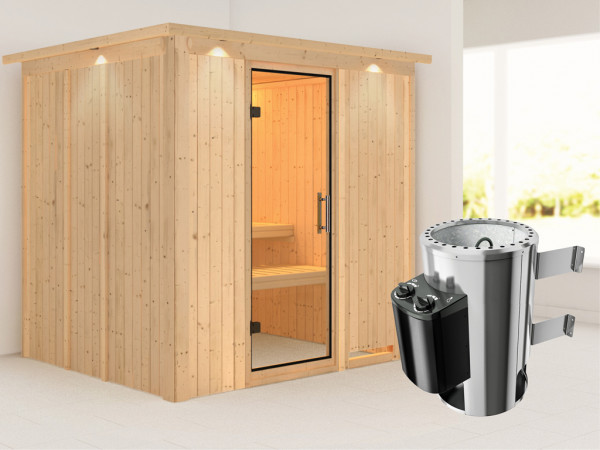 Sauna Systemsauna Daria mit Dachkranz, Klarglas Ganzglastür + Plug & Play Saunaofen mit Steuerung