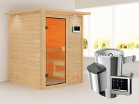 Sauna Sandra mit bronzierter Glastür und Dachkranz + 3,6 kW Plug & Play Saunaofen ext. Strg.
