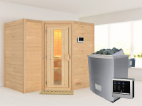 Massivholzsauna Sahib 2 Holztür mit Isolierglas, inkl. 9 kW Ofen ext. Steuerung