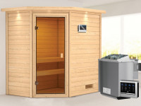 Sauna Massivholzsauna Jella mit Dachkranz, inkl. 4,5 kW Bio-Ofen mit externer Steuerung